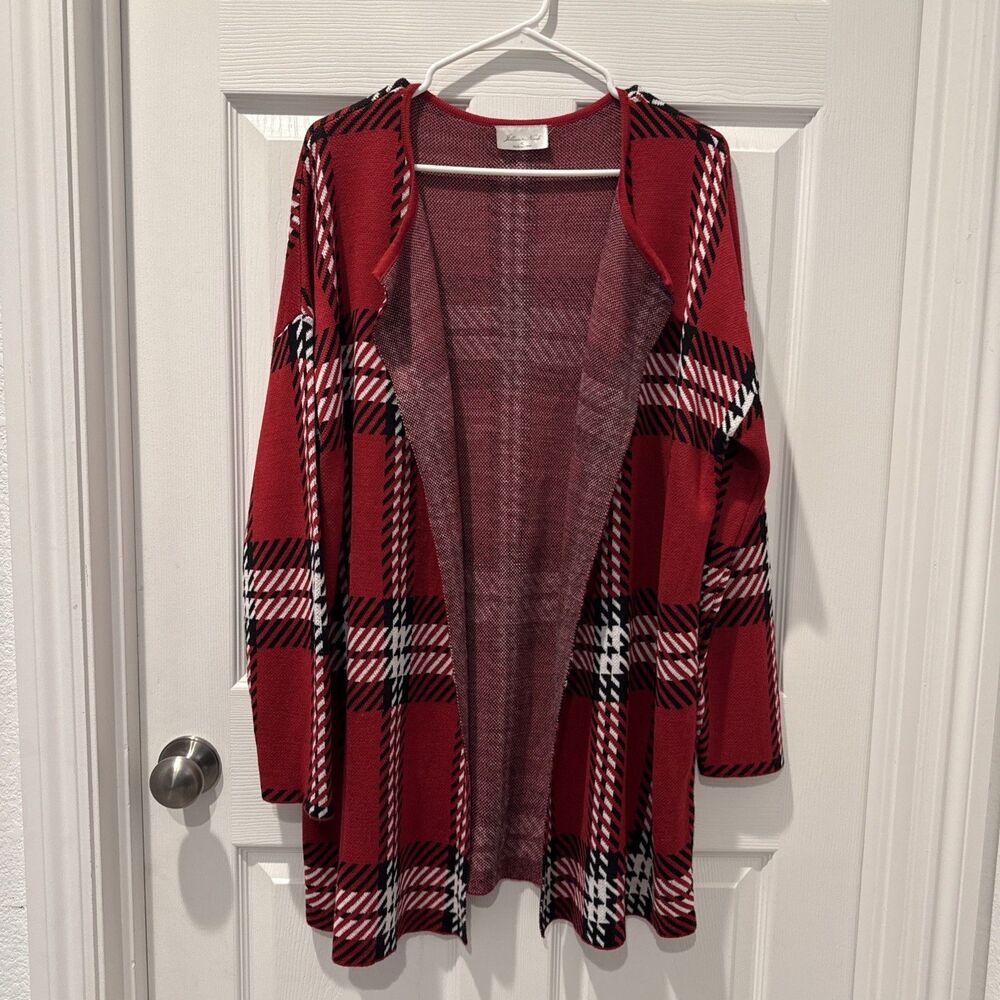 Jillian Nicole Cardigan Women’s XL Red White Black Open Knit Cozy Layer Sweater